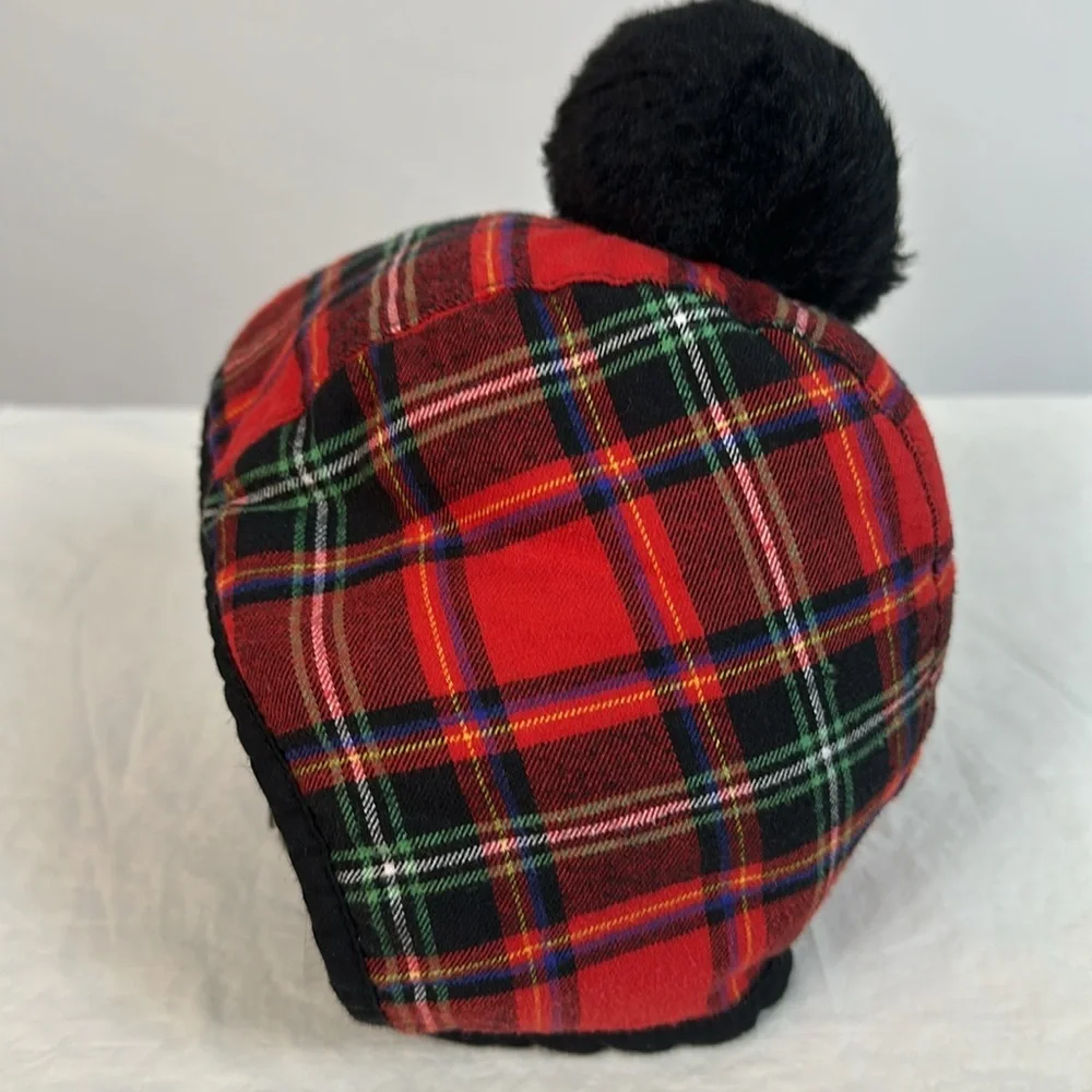 Plaid baby hat with black pom pom